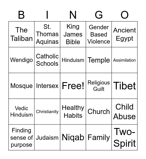 Influence of Religion Bingo Card