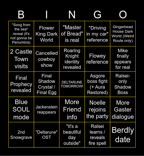 Deltarune Chapter 5 Bingo Card