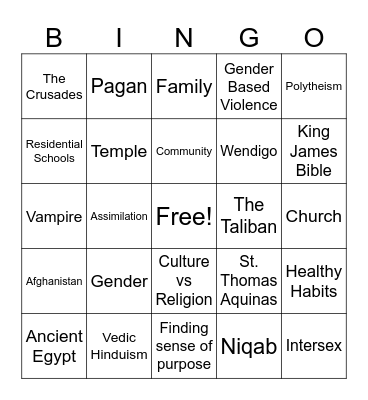 Influence of Religion Bingo Card