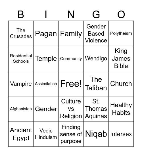 Influence of Religion Bingo Card