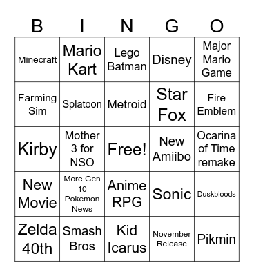 Nintendo Direct 6.9.2026 Bingo Card