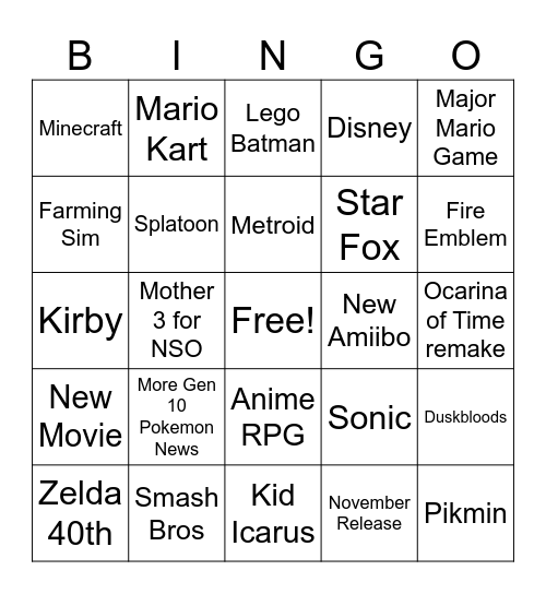 Nintendo Direct 6.9.2026 Bingo Card