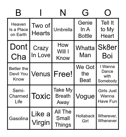 80s/90s/00s POP Bingo Card