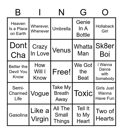 80s/90s/00s POP Bingo Card