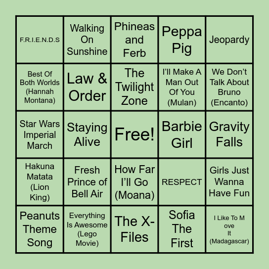 THEME SONGS AND JINGLES Bingo Card