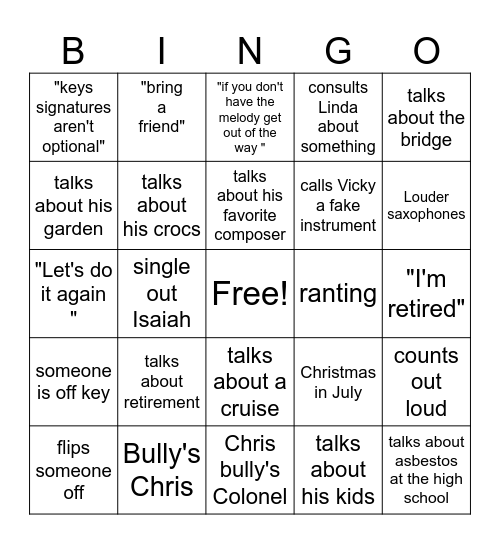 Colonel Bingo Card