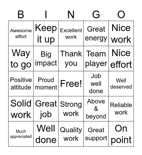 Employee Appreciation Bingo Card