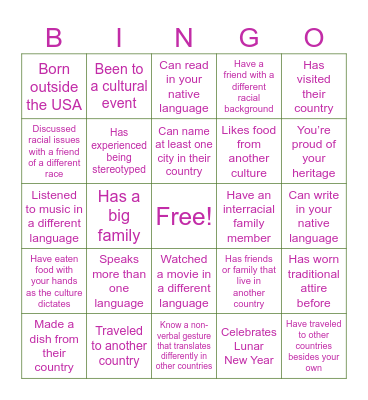 Cultural Awareness Bingo Card