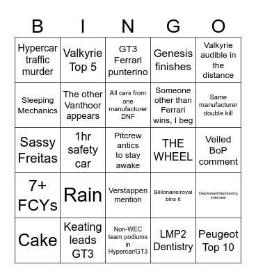 24 Hours of Le Mans 2026 Bingo Card