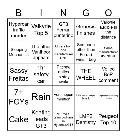 24 Hours of Le Mans 2026 Bingo Card