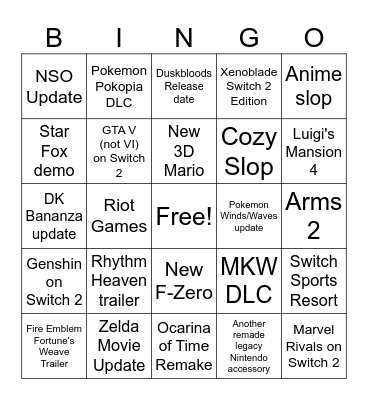 Nintendo Direct Bingo Card