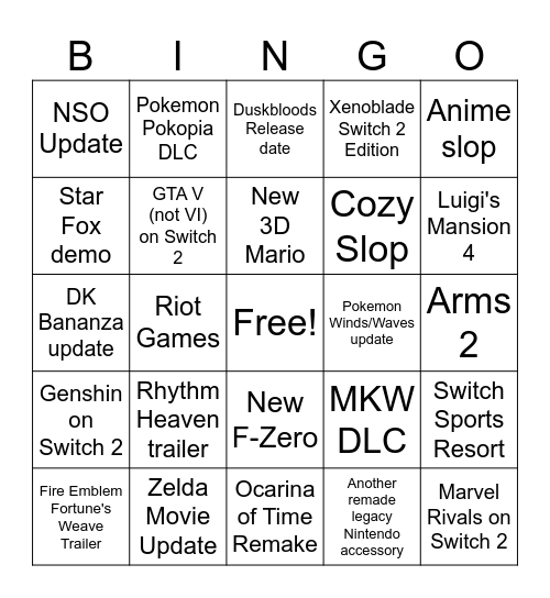 Nintendo Direct Bingo Card