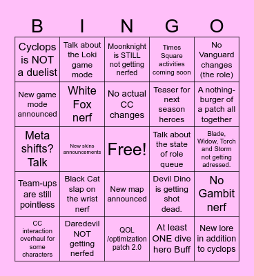 Marvel Rivals predictions Bingo Card