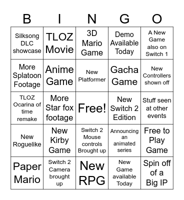 Nintendo Direct Bingo Card