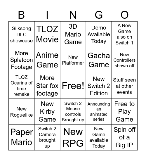 Nintendo Direct Bingo Card