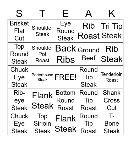 Steak Bingo Card