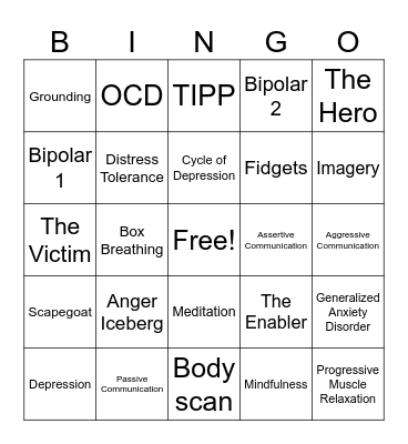 Mental Health Bingo Card