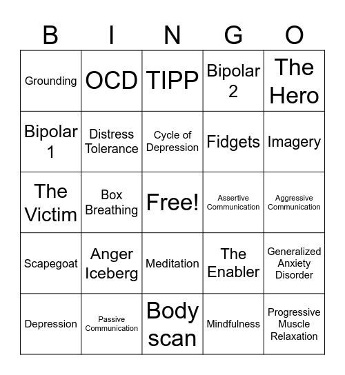 Mental Health Bingo Card