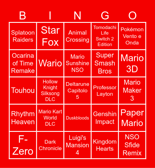 Nintendo Direct Bingo Card