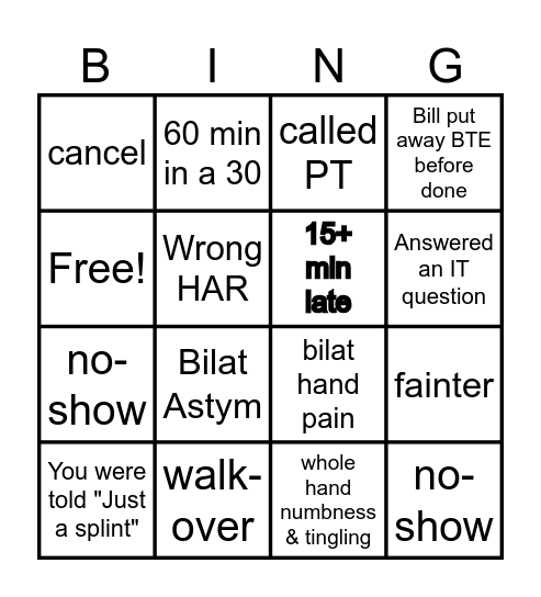 HAND THERAPY BINGO Card