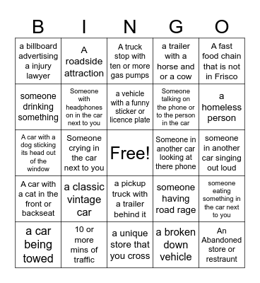 Road trip bingo (Hour one) Bingo Card