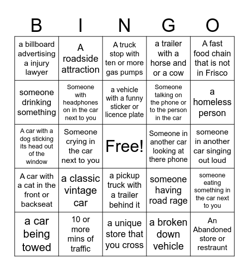 Road trip bingo (Hour one) Bingo Card