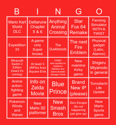 Nintendo Direct 6.9.2026 Bingo Card