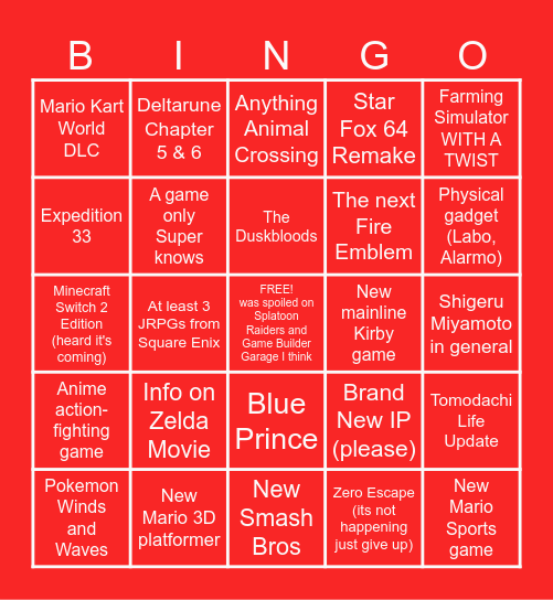 Nintendo Direct 6.9.2026 Bingo Card