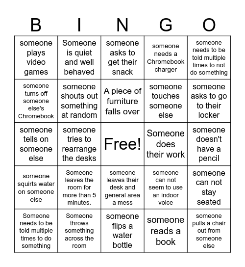 Substitute Teacher Entertainment Bingo Card