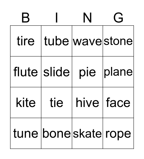 Long Vowel Sounds-Silent e Bingo Card