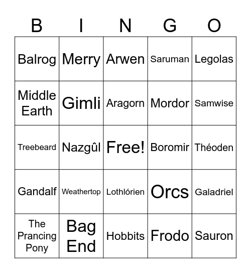 Lord of the Rings Bingo Card