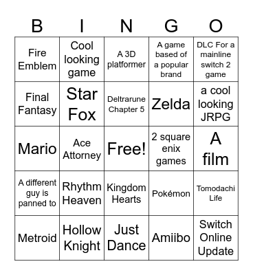 Direction Bingo Card