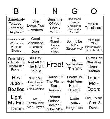 60's Rock Bingo Card