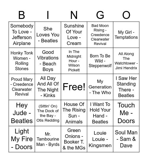 60's Rock Bingo Card