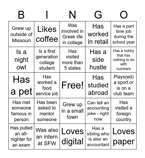 Summer Interns & Intern Guides Bingo Card