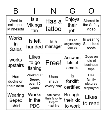 Get to Know Bepex Employees Bingo Card