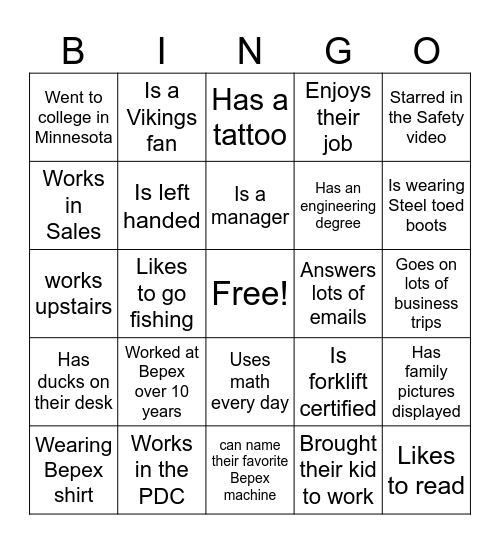 Get to Know Bepex Employees Bingo Card