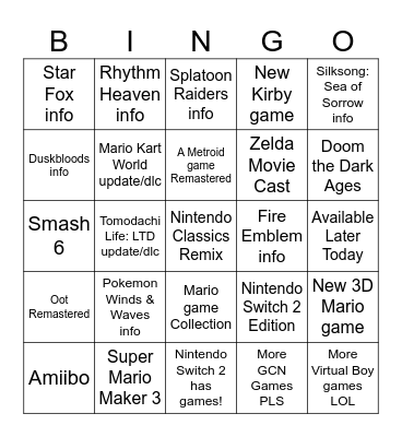 Nintendo Direct 6.9.26 Copium Bingo Card