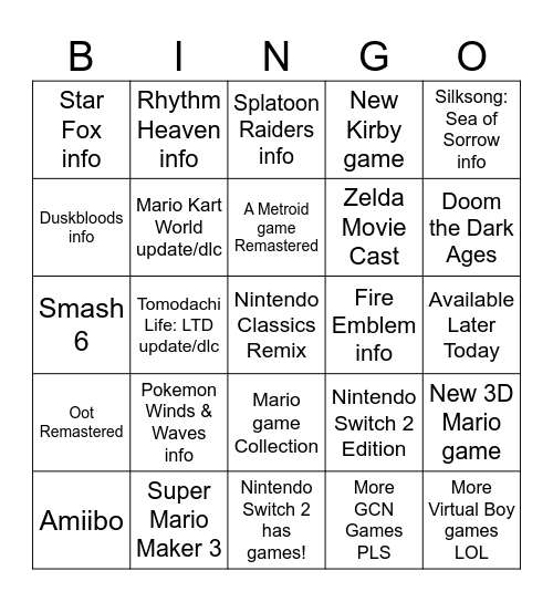 Nintendo Direct 6.9.26 Copium Bingo Card