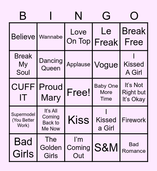 PRIDE Musical Bingo Card
