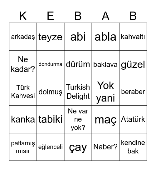 Turkish Bingo Card