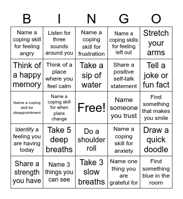 Coping Skills Bingo Card