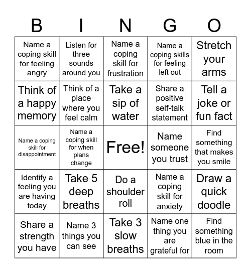 Coping Skills Bingo Card