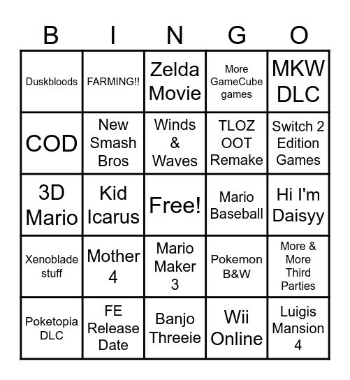 Nintendo Direct Bingo Card