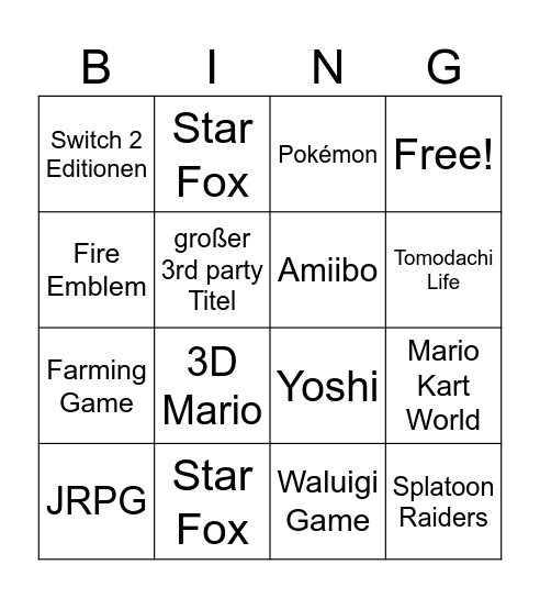 Nintendo Direct Bingo Card
