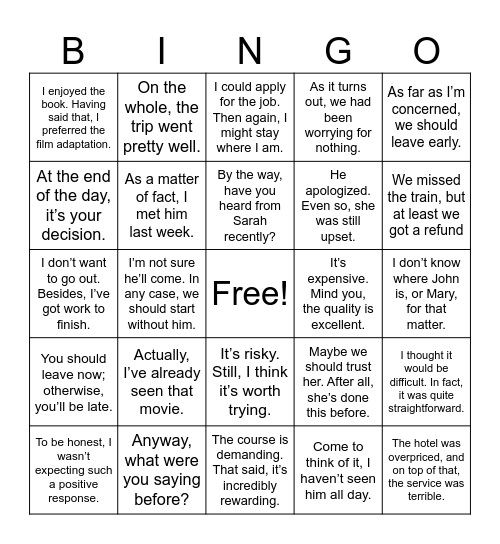 Discourse Markers Bingo Card