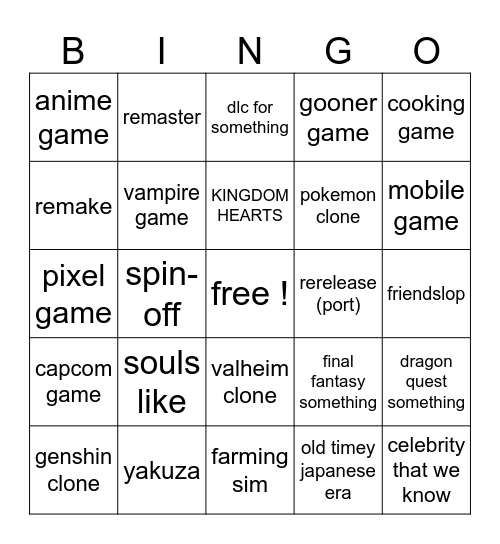 game event bingo Card