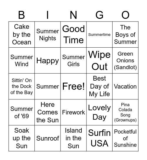 Summer Songs! Bingo Card