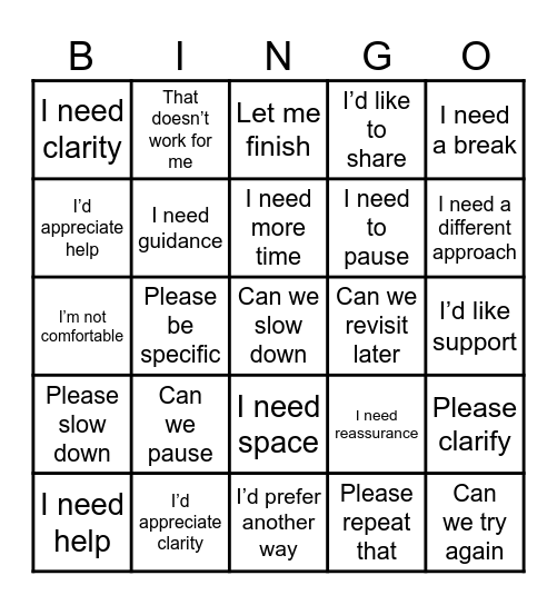 Express your needs Bingo Card