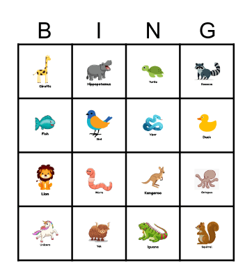 Animal Bingo Card
